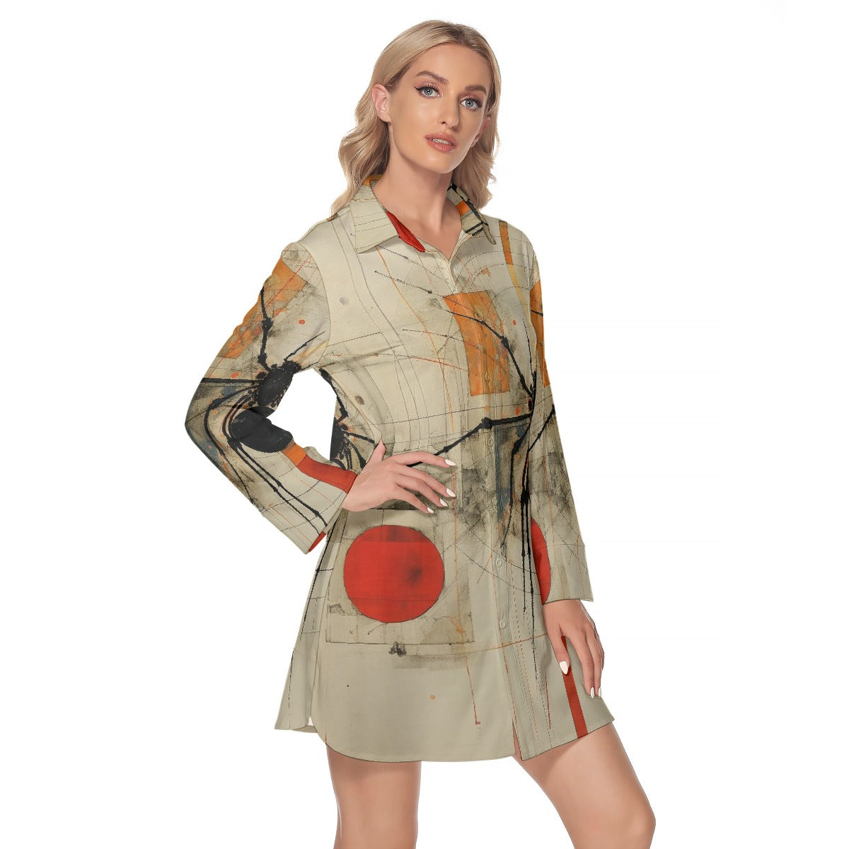 All-Over Print Women's Lapel Shirt Dress With Long Sleeve