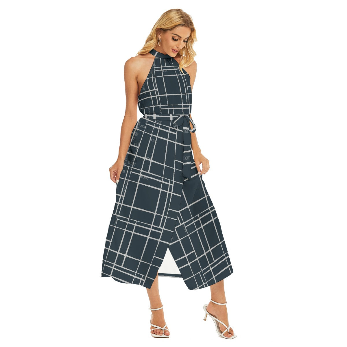 All-Over Print Women's Wrap Hem Belted Halter Dress