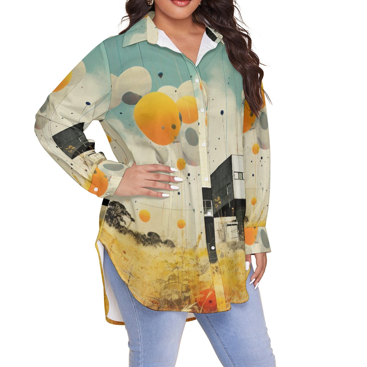 All-Over Print Women's Shirt With Long Sleeve(Plus Size)