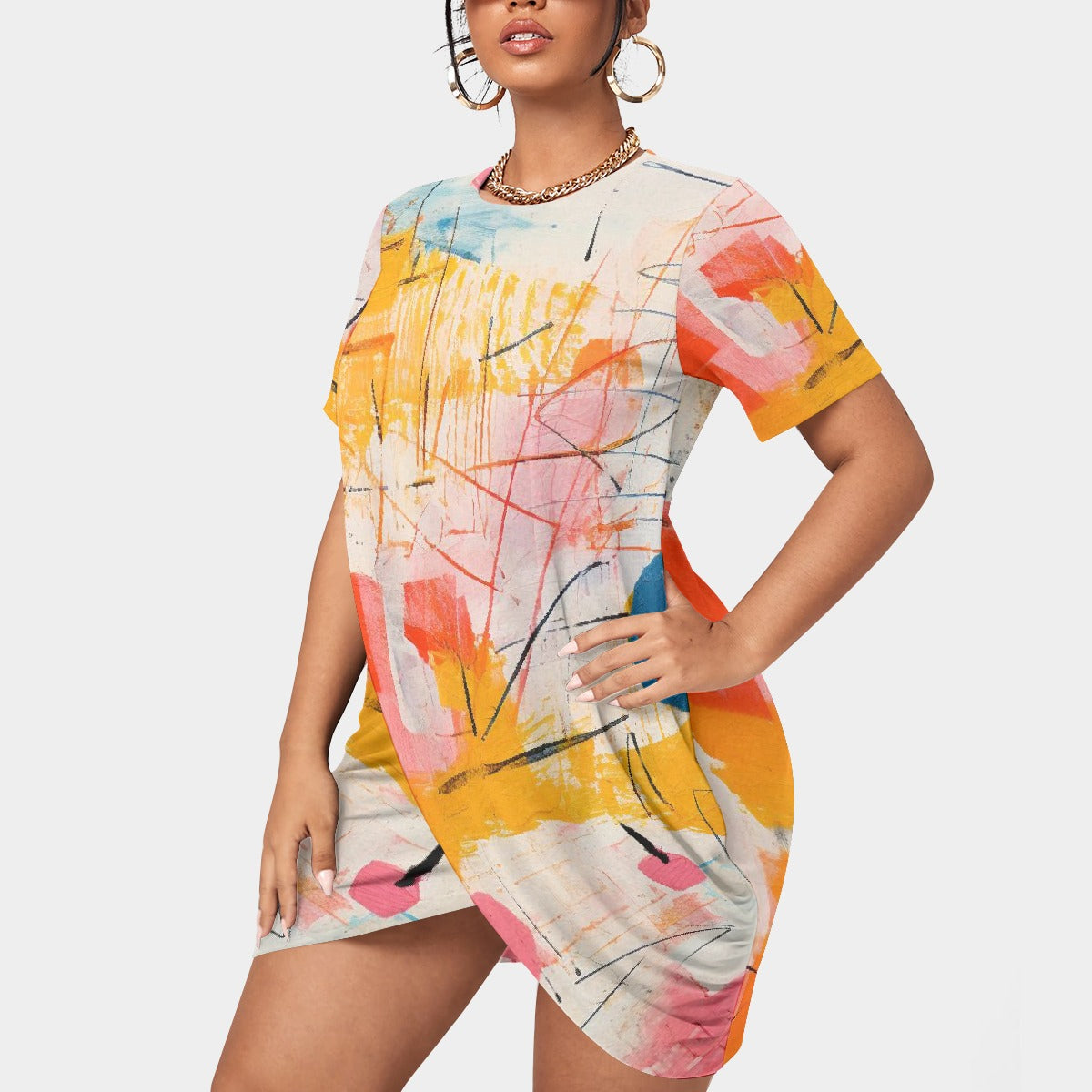 All-Over Print Women’s Stacked Hem Dress With Short Sleeve（Plus Size）