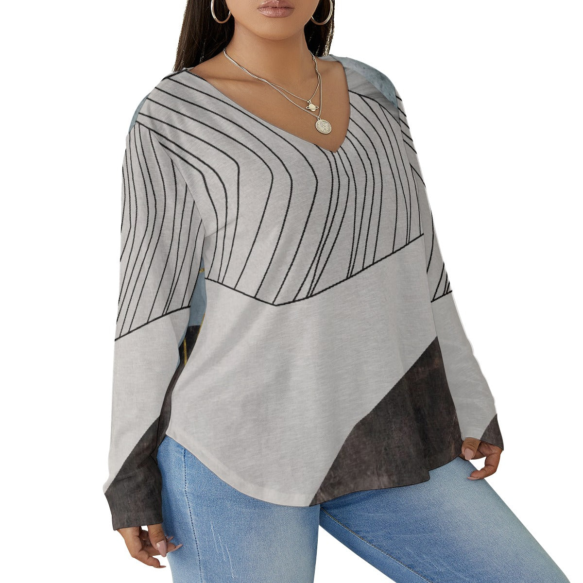 All-Over Print Women's V-neck T-shirt With Curved Hem(Plus Size)