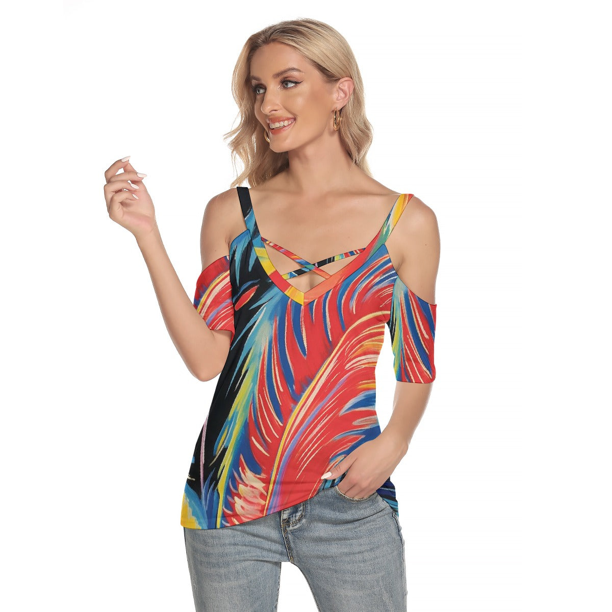 All-Over Print Women's Cold Shoulder T-shirt With Criss Cross Strips