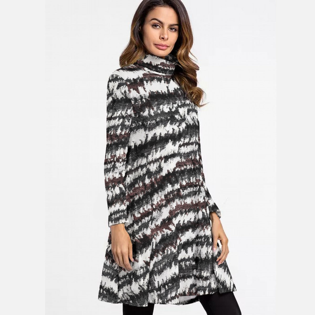 All-Over Print Women's High Neck Dress With Long Sleeve