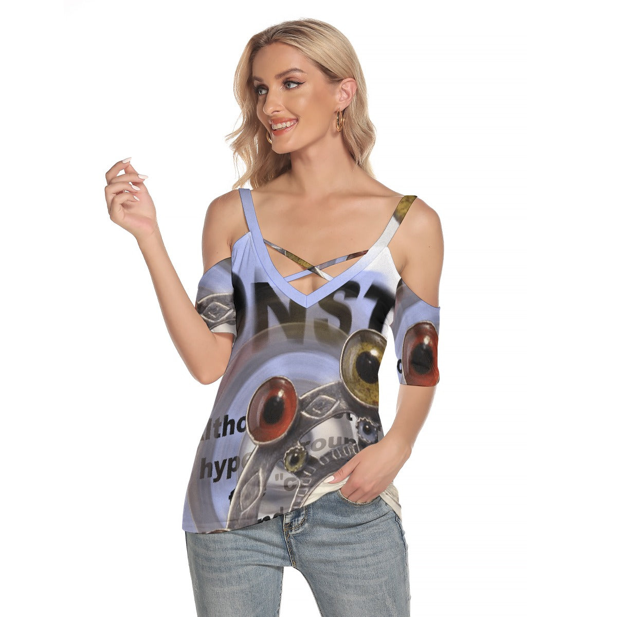 All-Over Print Women's Cold Shoulder T-shirt With Criss Cross Strips