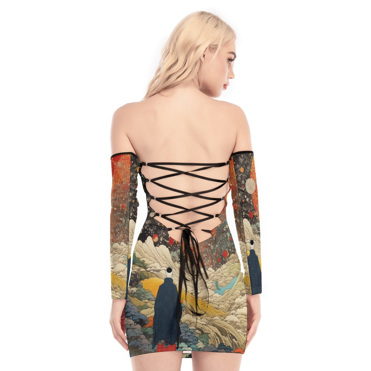 All-Over Print Women's Off-shoulder Back Lace-up Dress