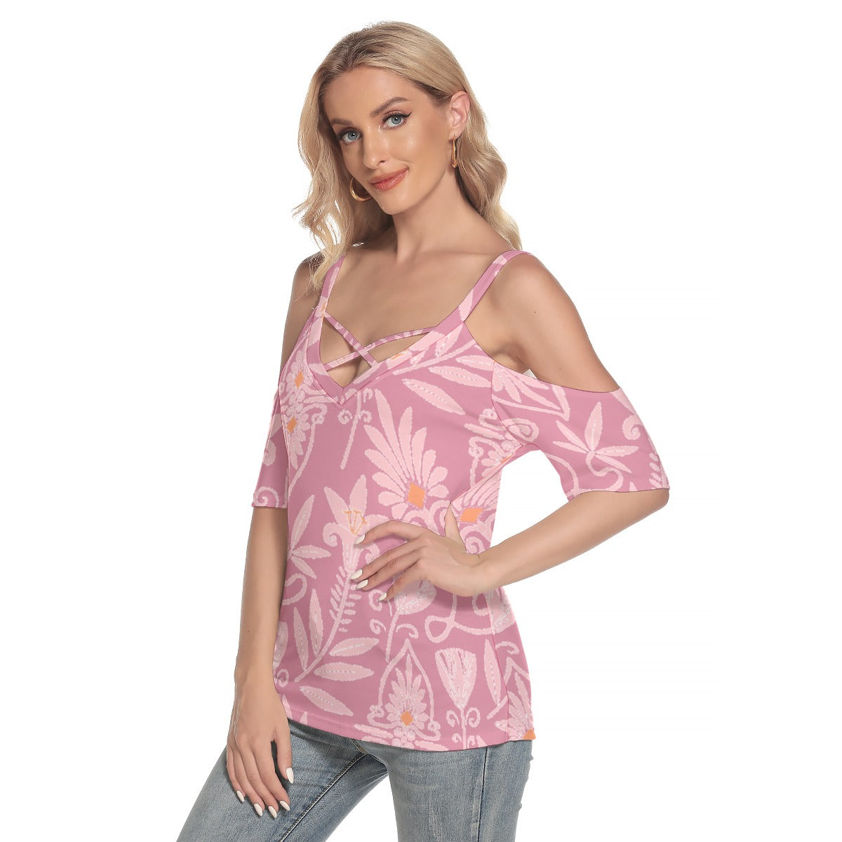 All-Over Print Women's Cold Shoulder T-shirt With Criss Cross Strips