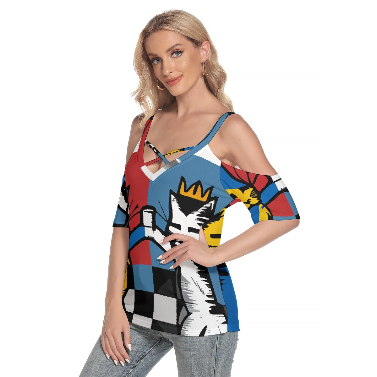 All-Over Print Women's Cold Shoulder T-shirt With Criss Cross Strips