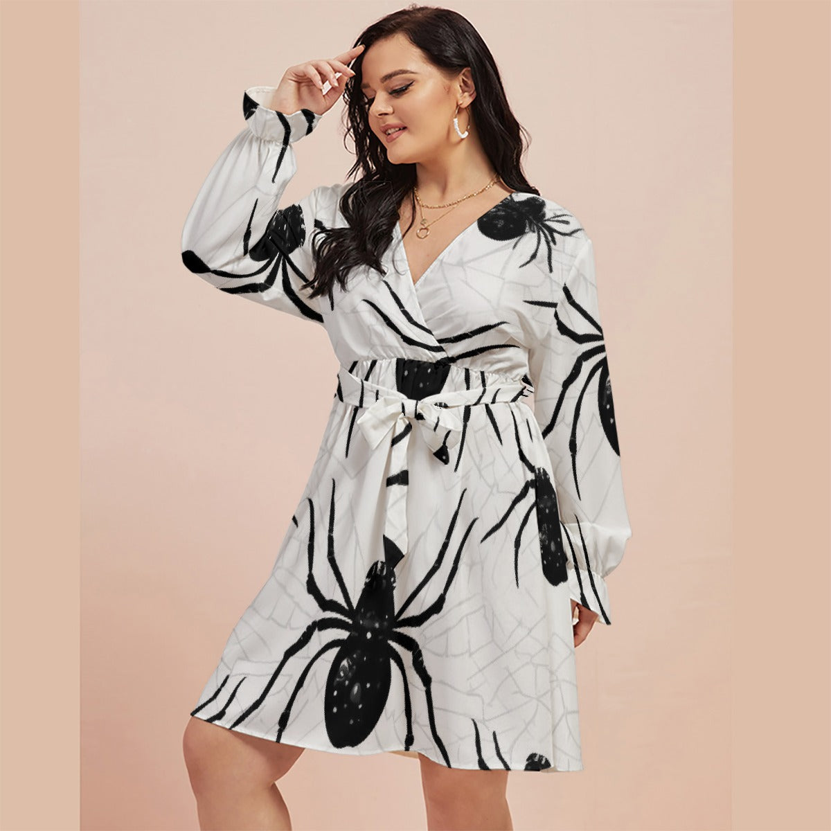 All-Over Print Women's V-neck Dress With Waistband(Plus Size)