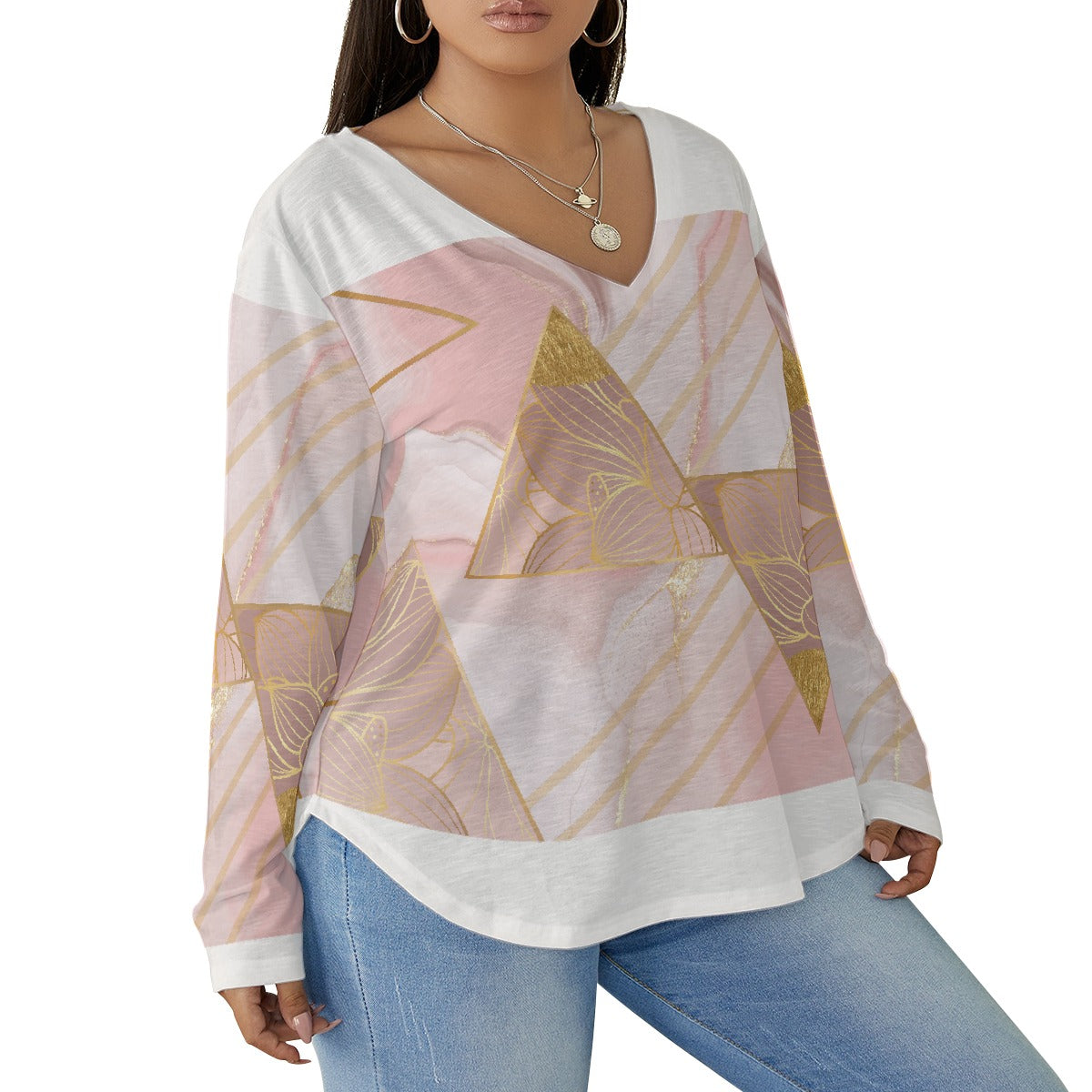 All-Over Print Women's V-neck T-shirt With Curved Hem(Plus Size)