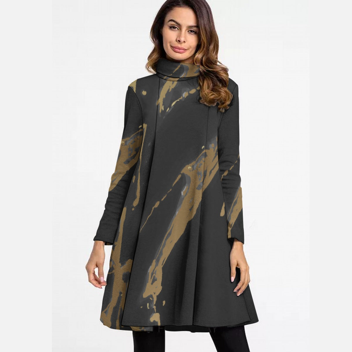 All-Over Print Women's High Neck Dress With Long Sleeve