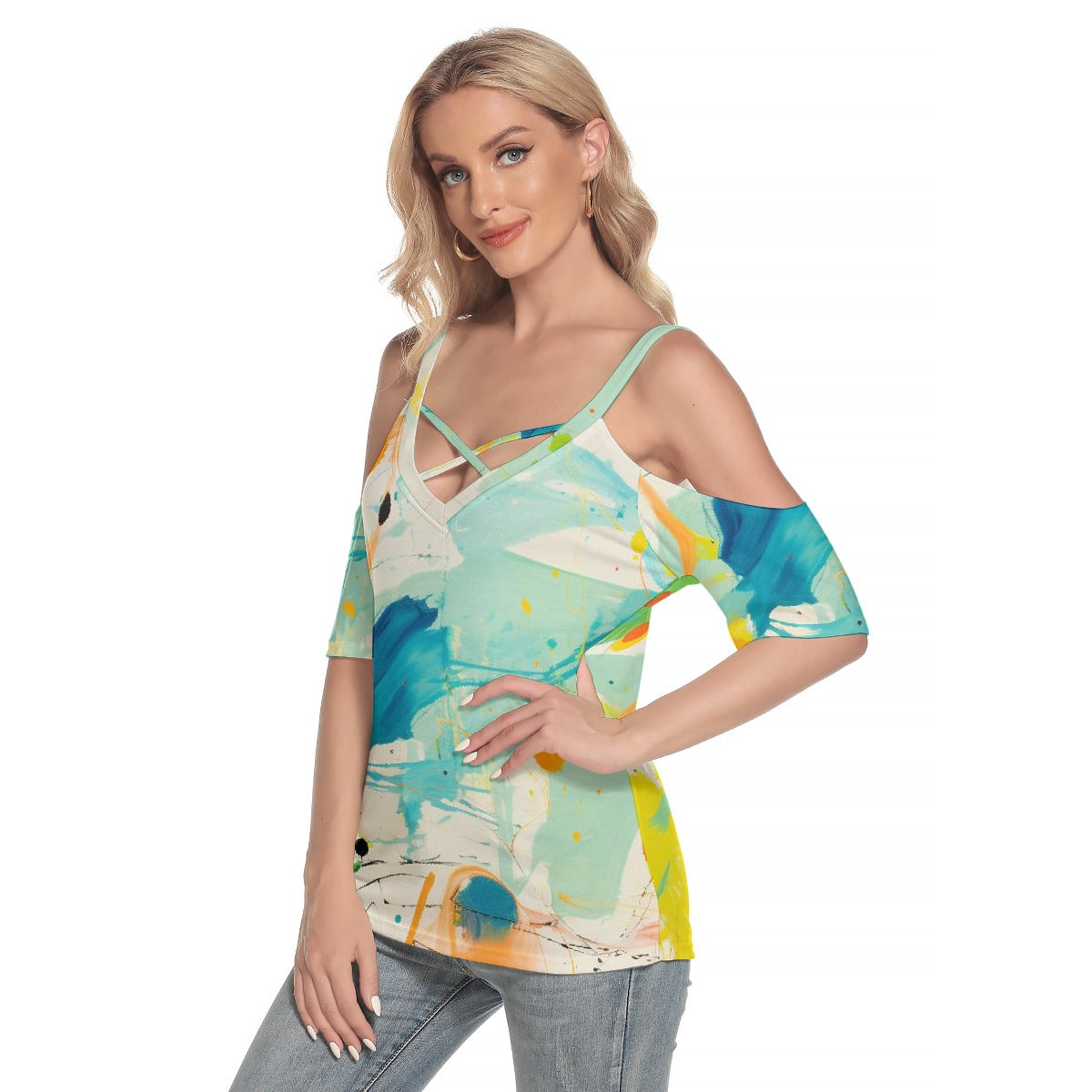 All-Over Print Women's Cold Shoulder T-shirt With Criss Cross Strips