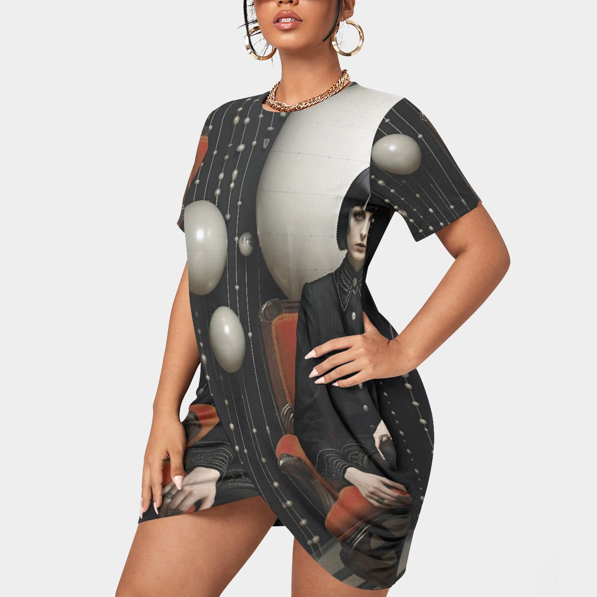 All-Over Print Women’s Stacked Hem Dress With Short Sleeve（Plus Size）