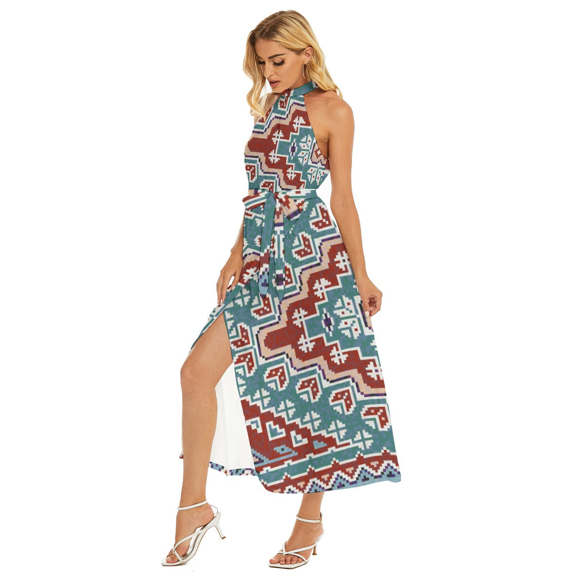 All-Over Print Women's Wrap Hem Belted Halter Dress