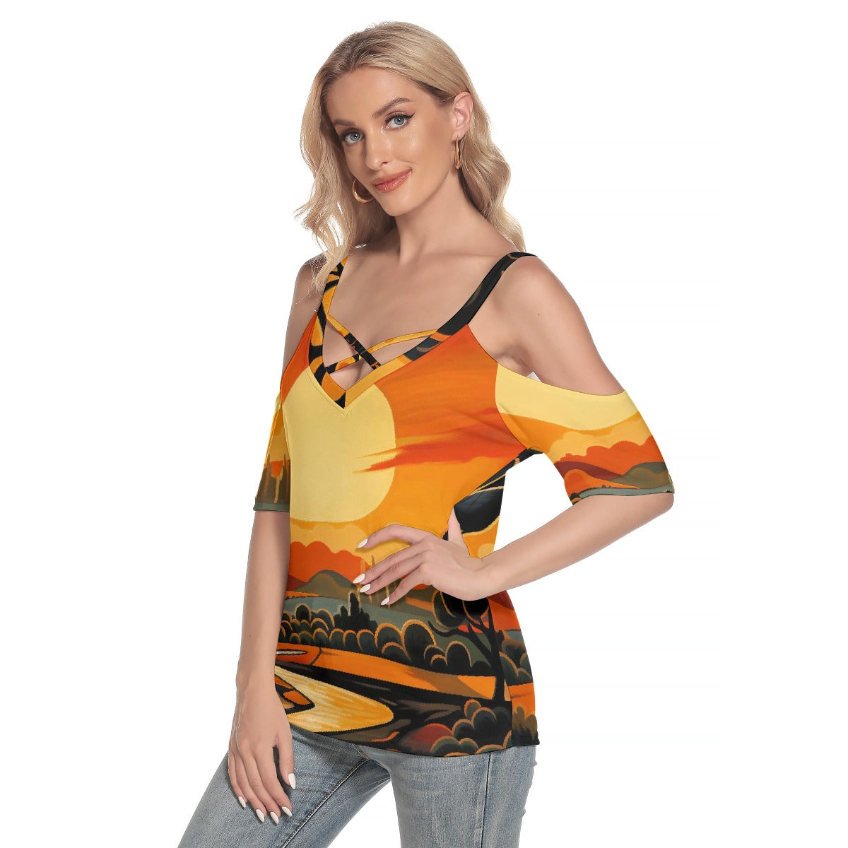 All-Over Print Women's Cold Shoulder T-shirt With Criss Cross Strips