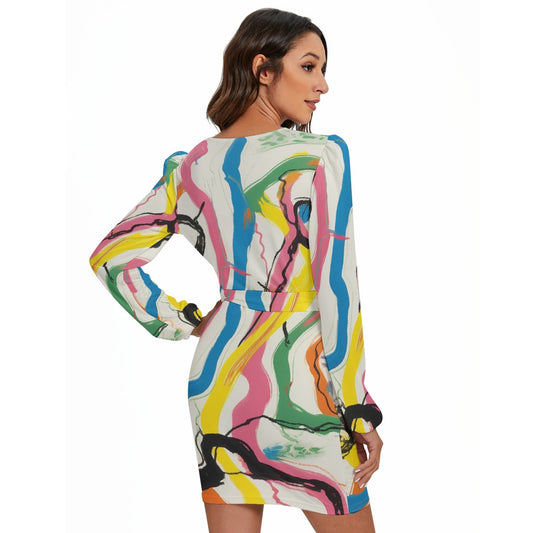 All-Over Print Women's Long Sleeve Dress With Waist Belt