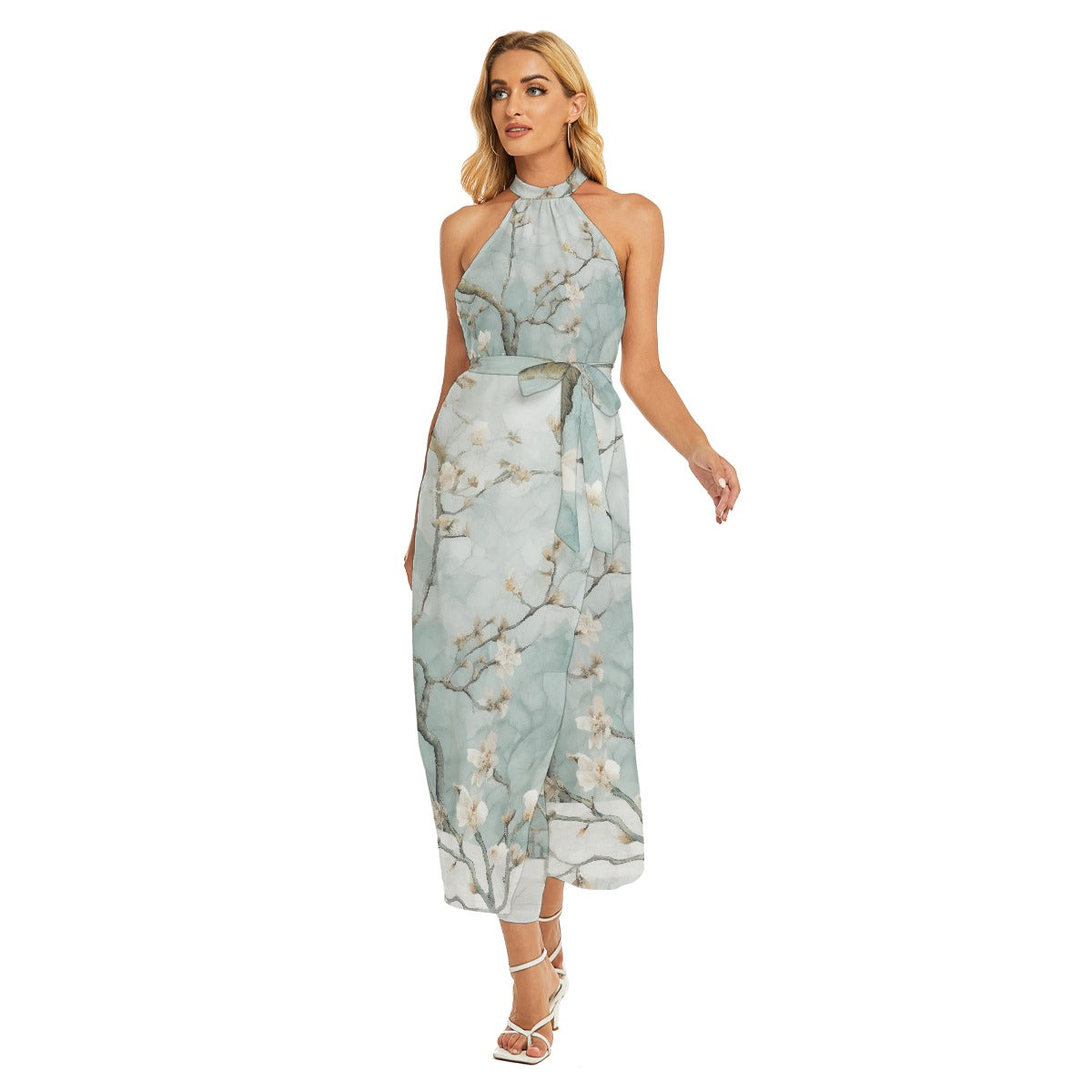 All-Over Print Women's Wrap Hem Belted Halter Dress