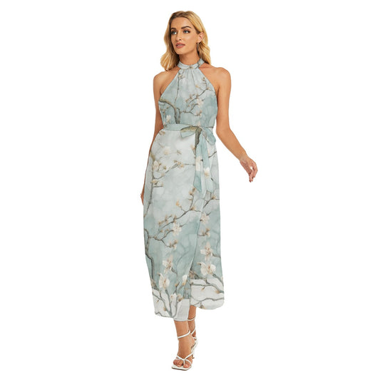 All-Over Print Women's Wrap Hem Belted Halter Dress