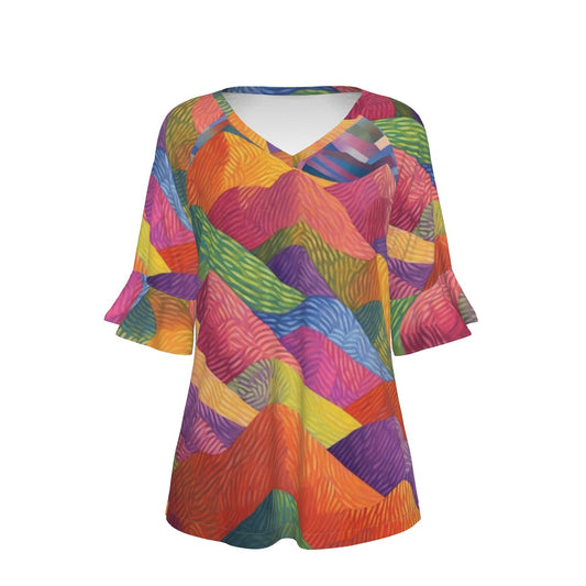 All-Over Print V-neck Women's T-shirt With Bell Sleeve