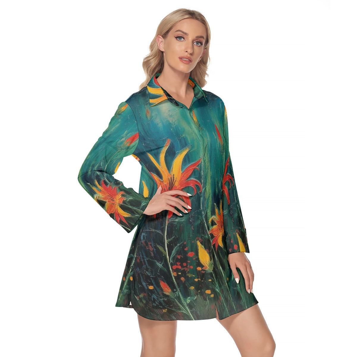 All-Over Print Women's Lapel Shirt Dress With Long Sleeve