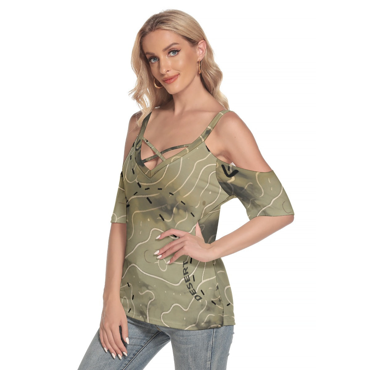 All-Over Print Women's Cold Shoulder T-shirt With Criss Cross Strips