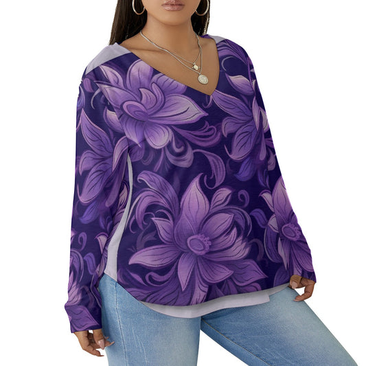 All-Over Print Women's V-neck T-shirt With Curved Hem(Plus Size)