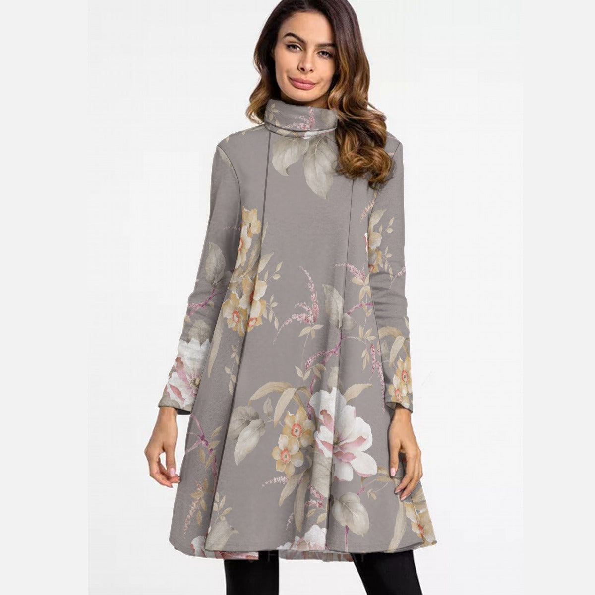 All-Over Print Women's High Neck Dress With Long Sleeve