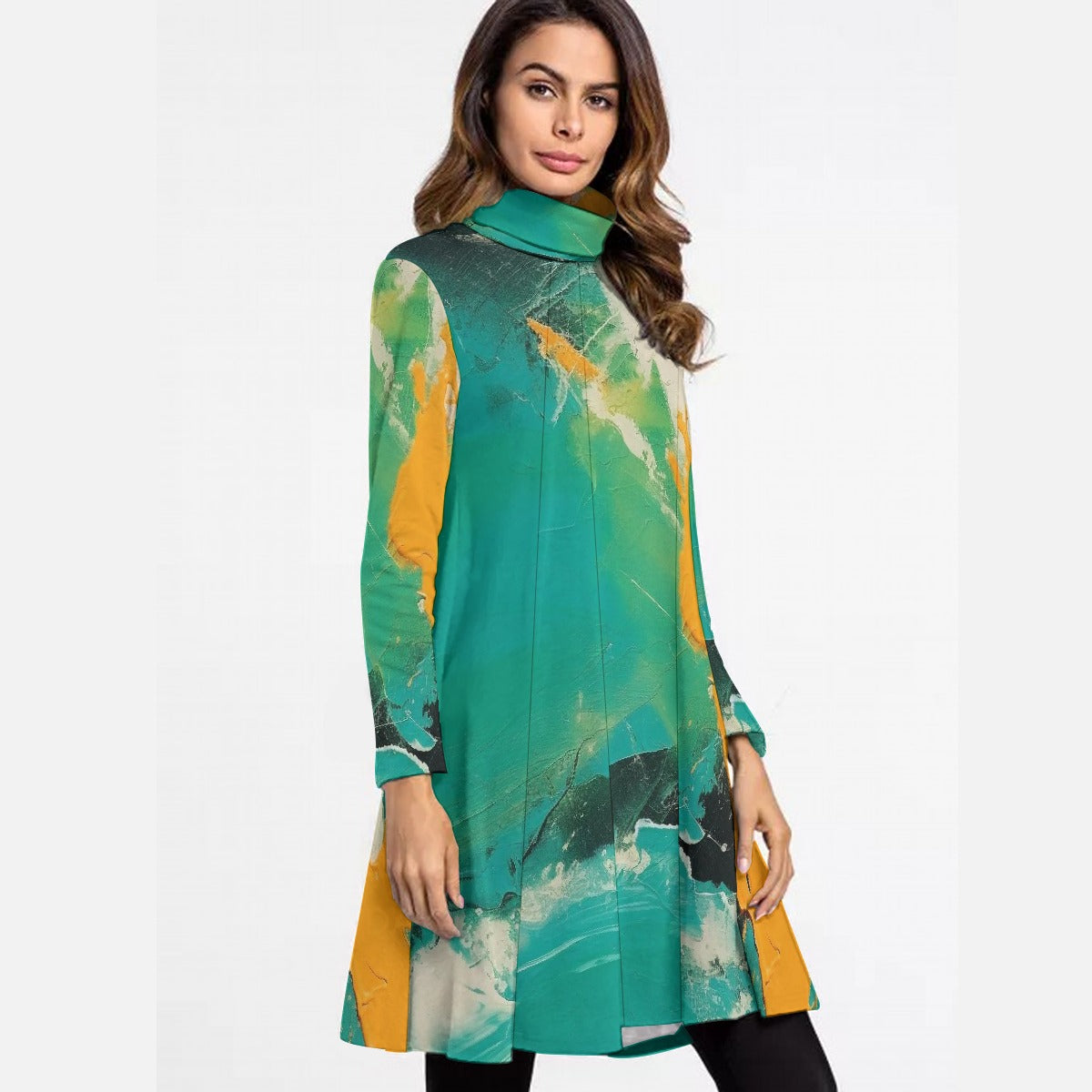 All-Over Print Women's High Neck Dress With Long Sleeve