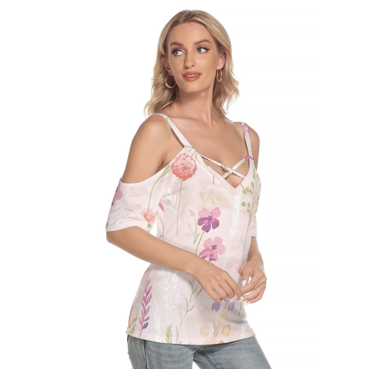 All-Over Print Women's Cold Shoulder T-shirt With Criss Cross Strips