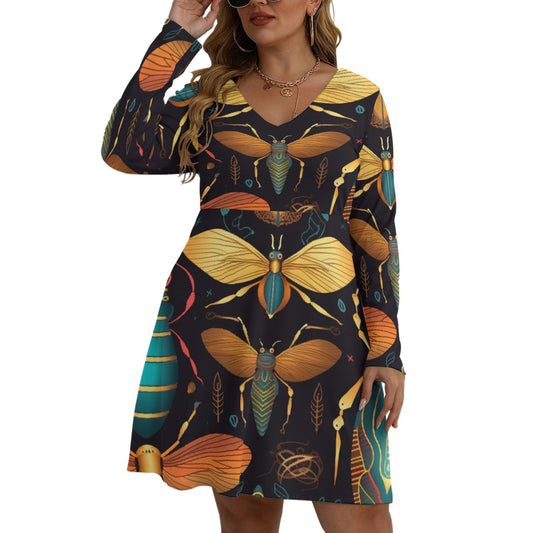 All-Over Print Women's V-neck Long Sleeve Dress(Plus Size)