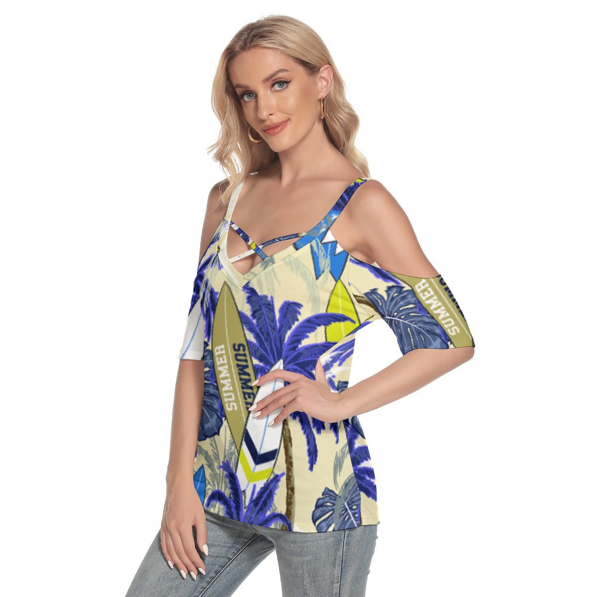 All-Over Print Women's Cold Shoulder T-shirt With Criss Cross Strips