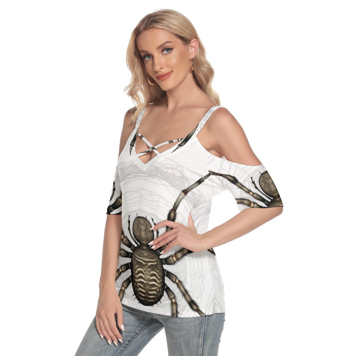 All-Over Print Women's Cold Shoulder T-shirt With Criss Cross Strips