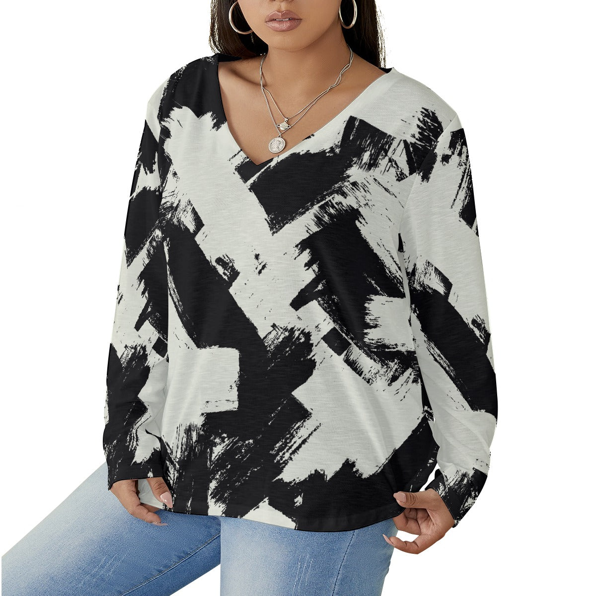 All-Over Print Women's V-neck T-shirt With Curved Hem(Plus Size)