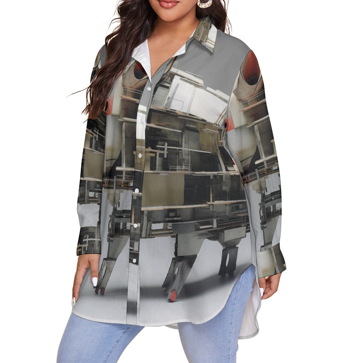 All-Over Print Women's Shirt With Long Sleeve(Plus Size)