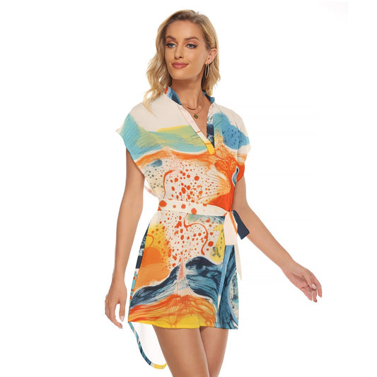 All-Over Print Women's Stand-up Collar Casual Dress With Belt