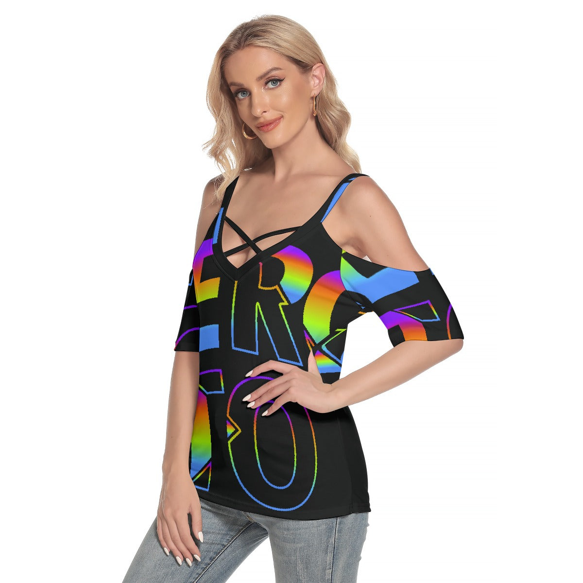 All-Over Print Women's Cold Shoulder T-shirt With Criss Cross Strips