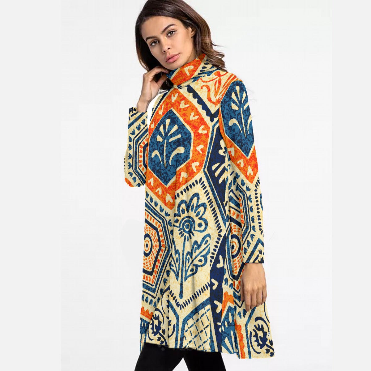 All-Over Print Women's High Neck Dress With Long Sleeve