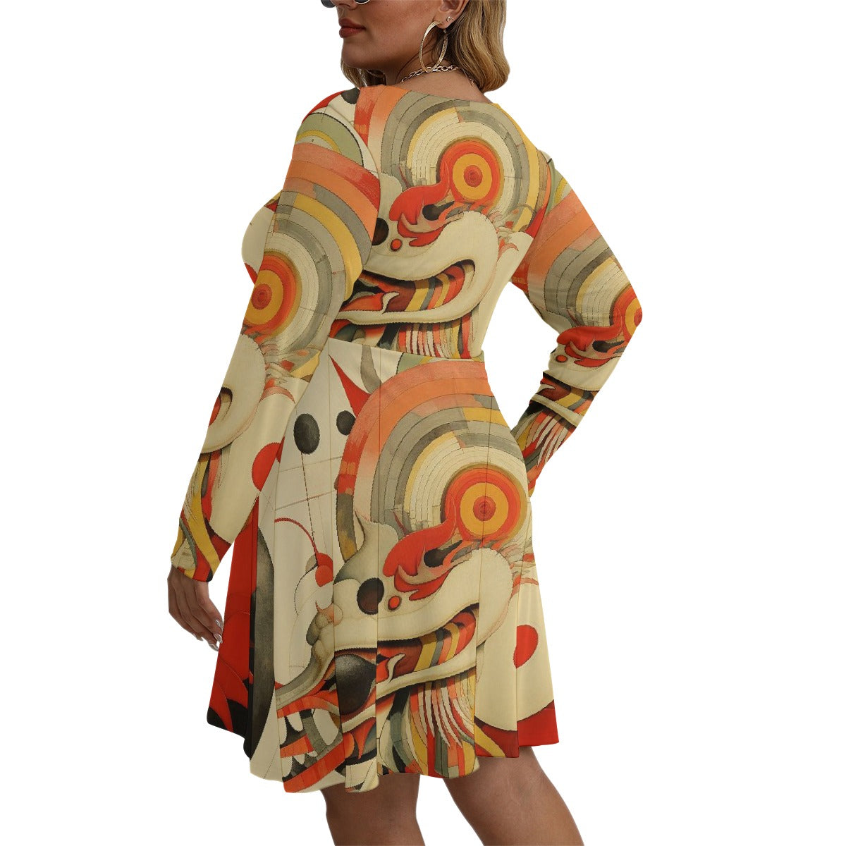 All-Over Print Women's V-neck Long Sleeve Dress(Plus Size)