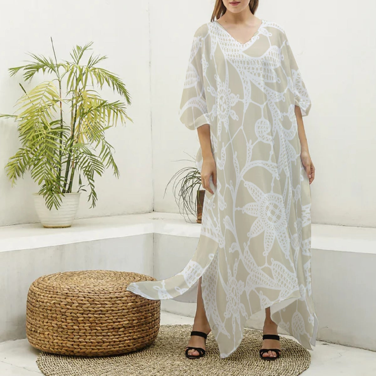 All-Over Print Women's Imitation Silk V-neck Kaftan Robe