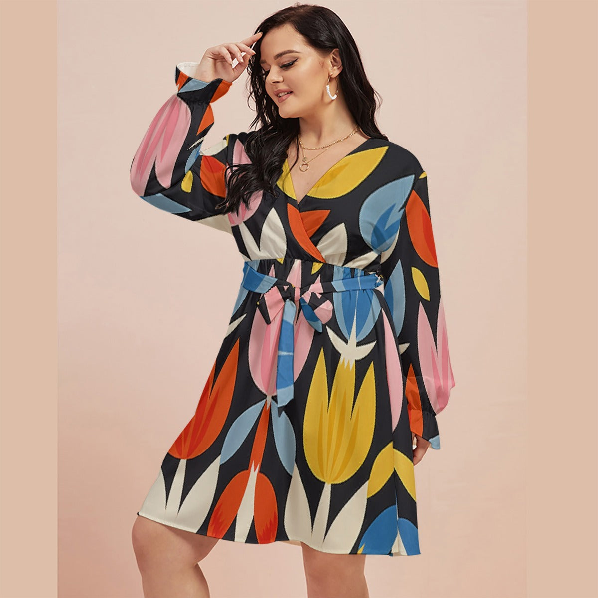 All-Over Print Women's V-neck Dress With Waistband(Plus Size)