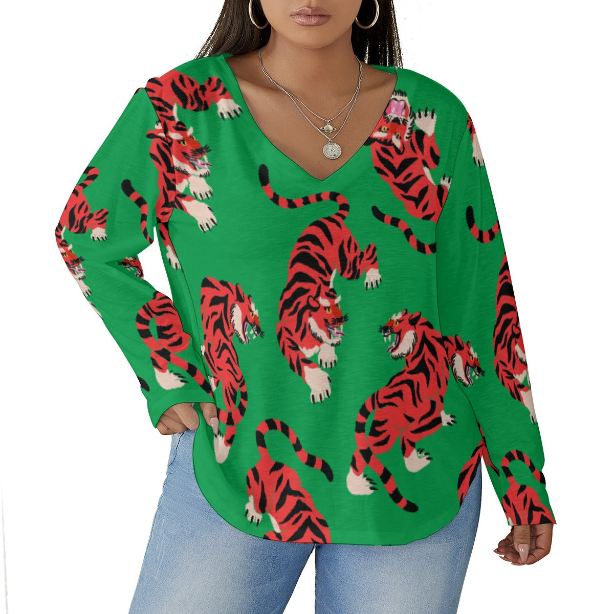 All-Over Print Women's V-neck T-shirt With Curved Hem(Plus Size)