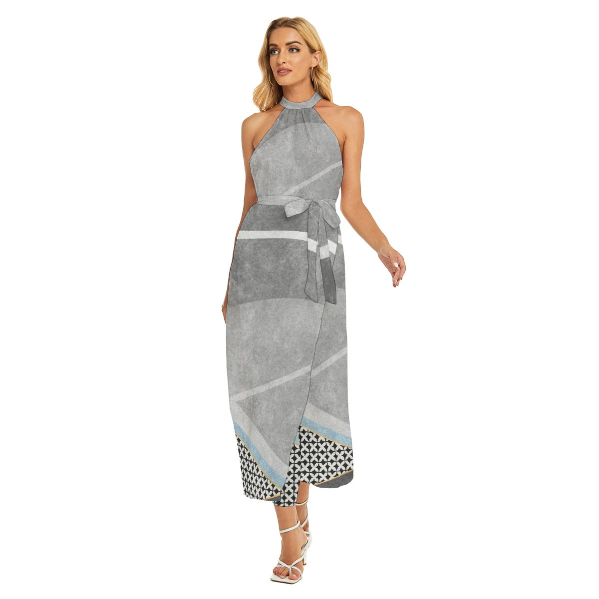 All-Over Print Women's Wrap Hem Belted Halter Dress