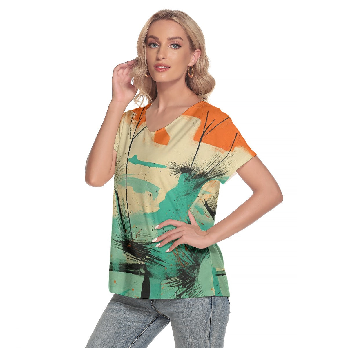 All-Over Print Women's Loose V-neck Short Sleeve T-shirt