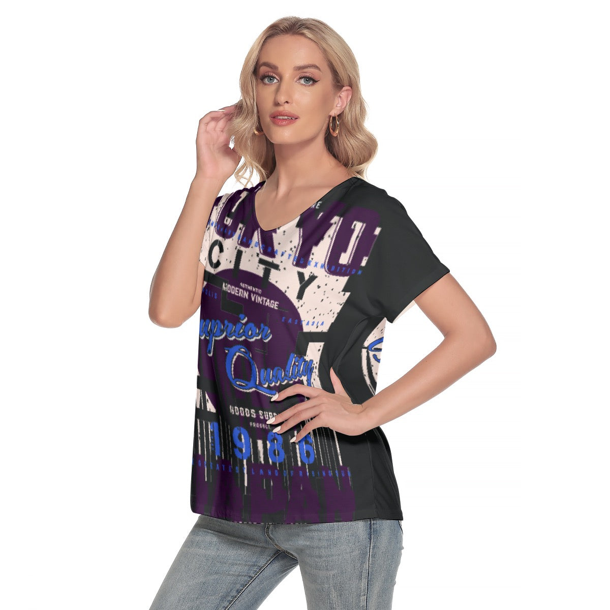 All-Over Print Women's Loose V-neck Short Sleeve T-shirt