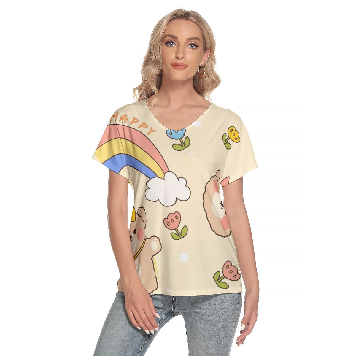 All-Over Print Women's Loose V-neck Short Sleeve T-shirt