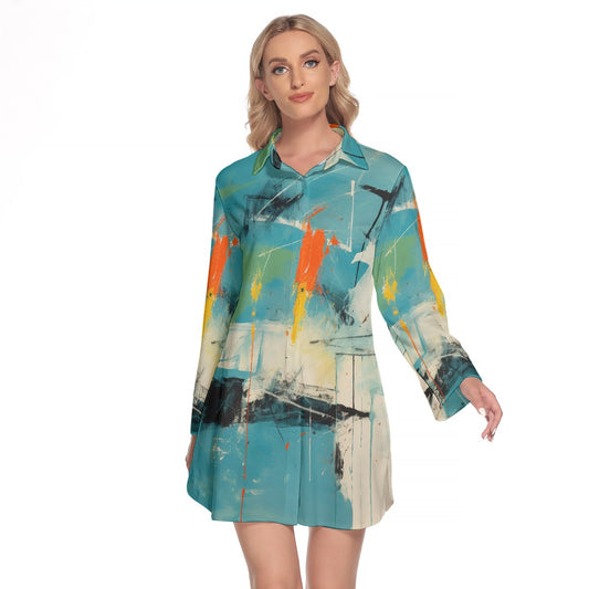 All-Over Print Women's Lapel Shirt Dress With Long Sleeve