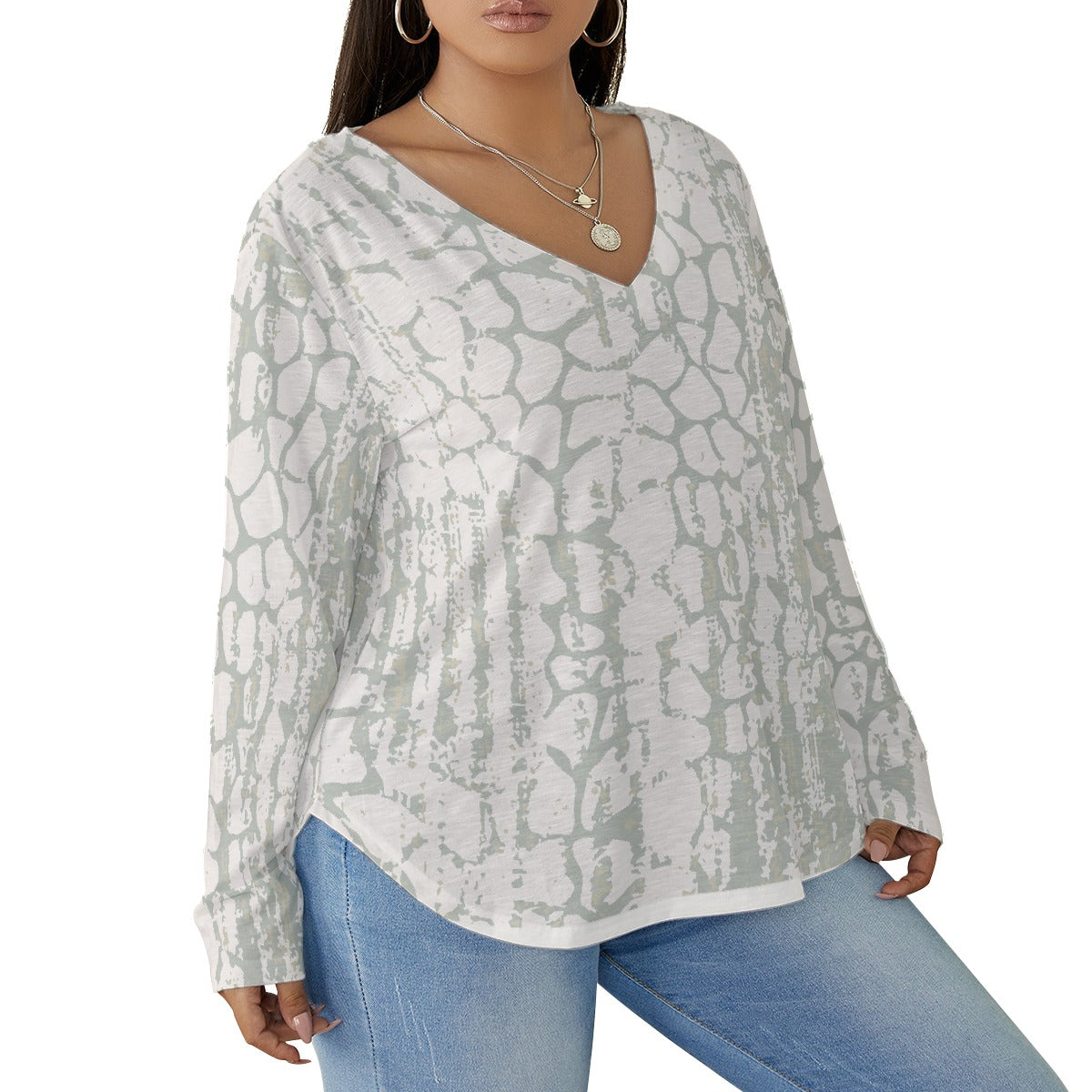 All-Over Print Women's V-neck T-shirt With Curved Hem(Plus Size)