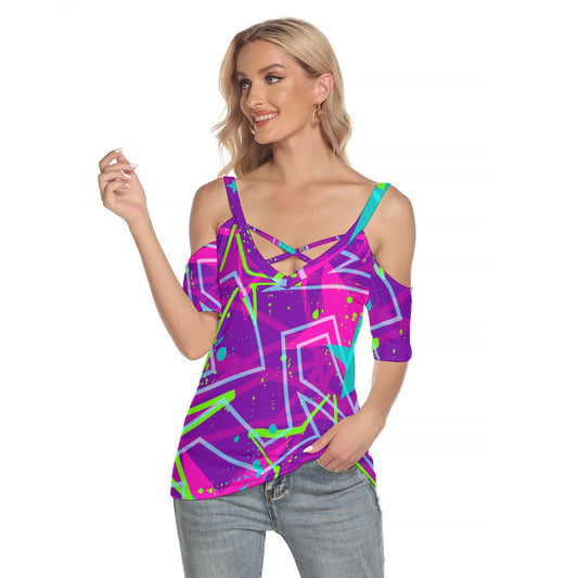 All-Over Print Women's Cold Shoulder T-shirt With Criss Cross Strips