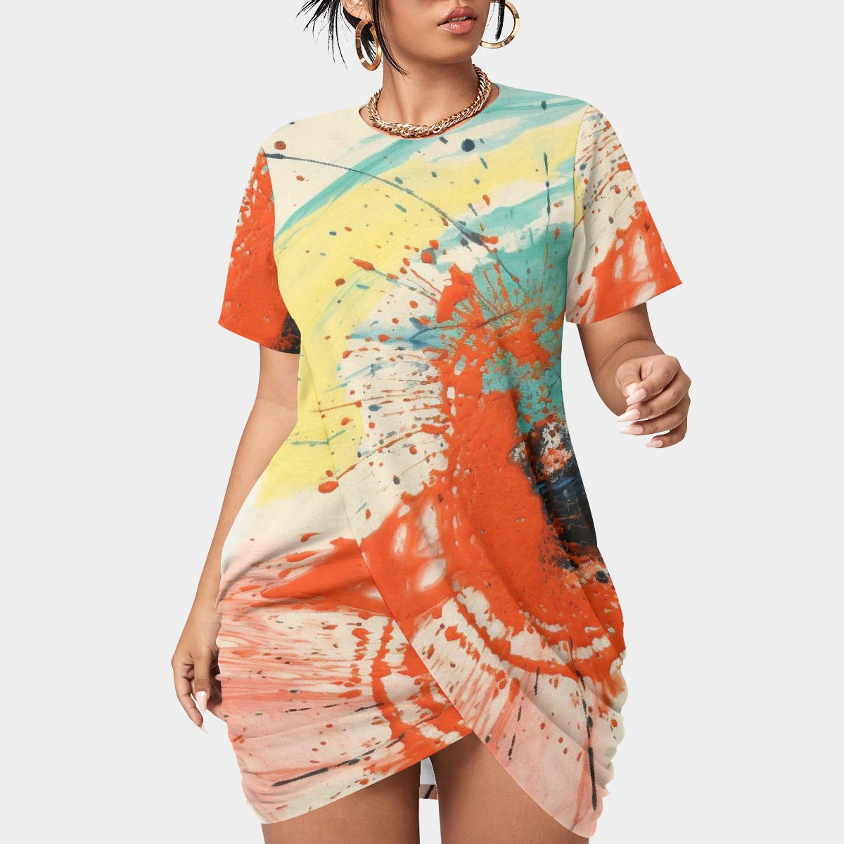 All-Over Print Women’s Stacked Hem Dress With Short Sleeve（Plus Size）