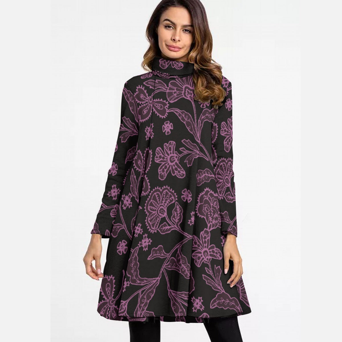 All-Over Print Women's High Neck Dress With Long Sleeve