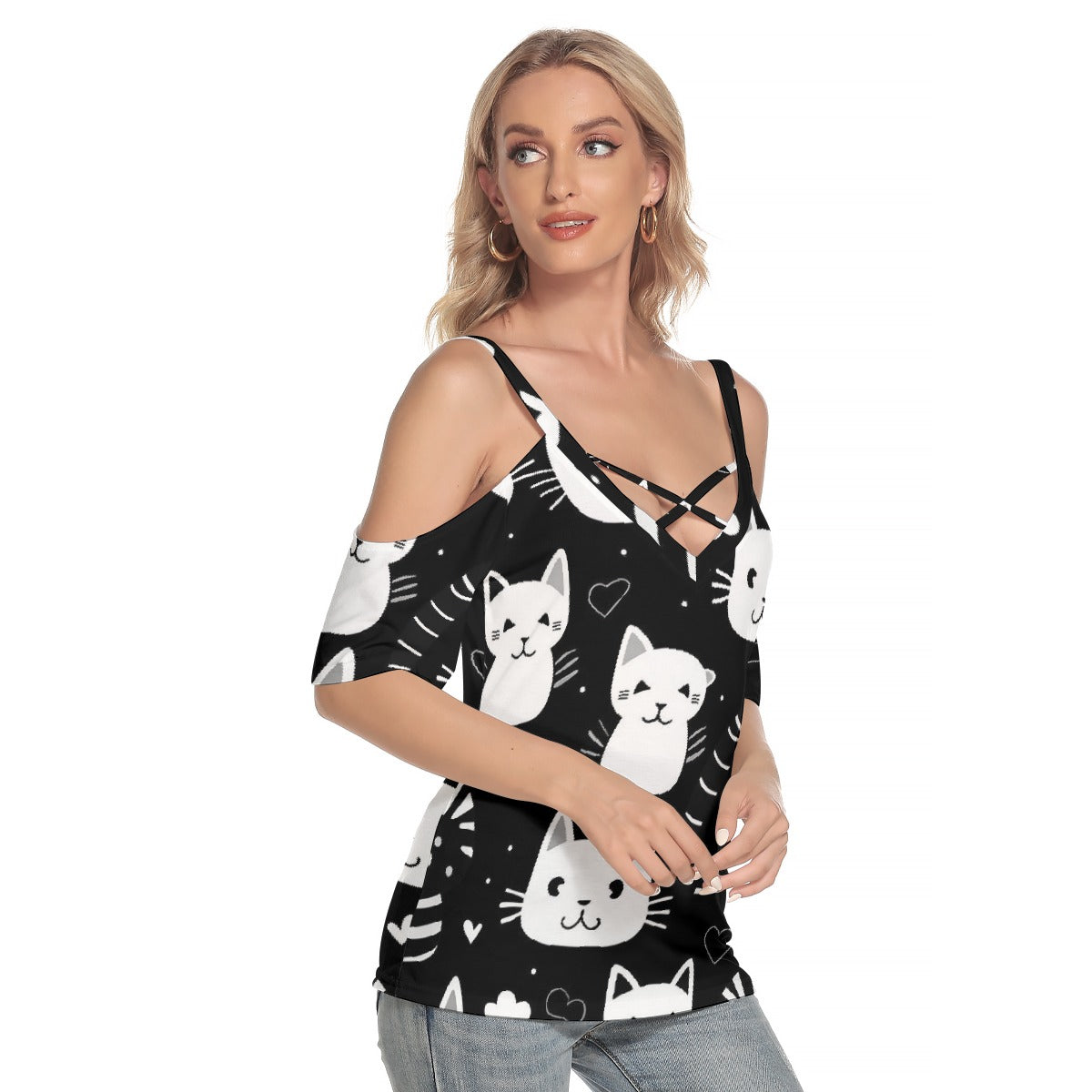 All-Over Print Women's Cold Shoulder T-shirt With Criss Cross Strips